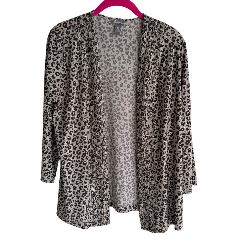 CHICO'S TRAVELERS Leopard Print 3/4 Sleeves Open Ladies‎ Cardigan, S
